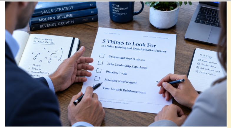 Learn what to look for in a sales training and transformation partner, from business expertise and customized tools to manager involvement and lasting adoption.